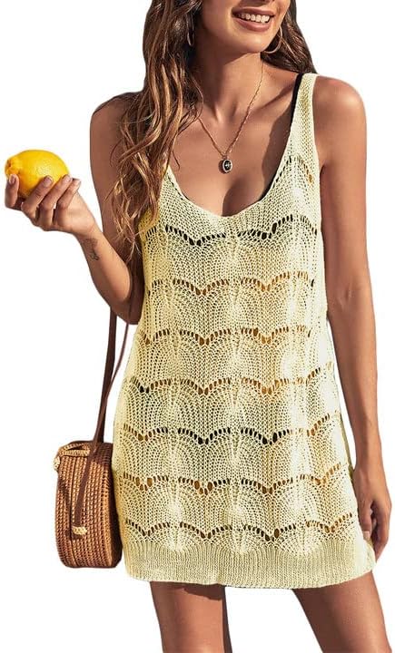 Womens Sexy Crochet Cover Up Swimwear Mesh Dress Fishnet Beach Swimsuit Top Beige