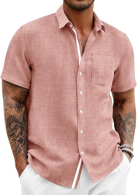 Runcati Mens Linen Shirt Short Sleeve Button Down Shirts Pink