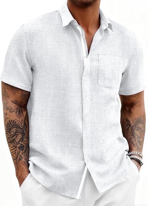 Runcati Mens Linen Shirt Short Sleeve Button Down Shirts White