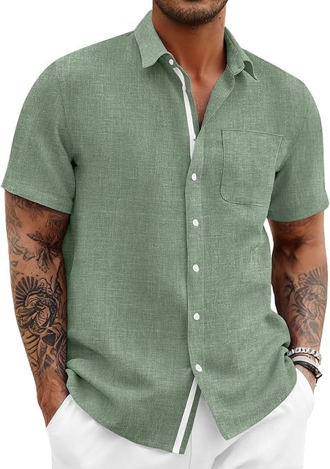 Runcati Mens Linen Shirt Short Sleeve Button Down Shirts Army Green