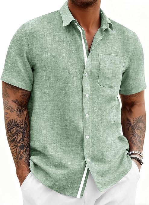 Runcati Mens Linen Shirt Short Sleeve Button Down Shirts Olive Green