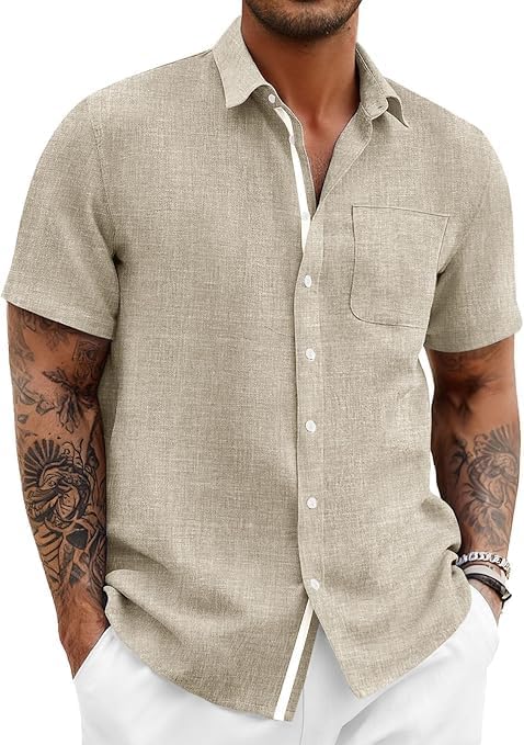 Runcati Mens Linen Shirt Short Sleeve Button Down Shirts Khaki
