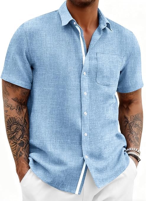 Runcati Mens Linen Shirt Short Sleeve Button Down Shirts Sky Blue